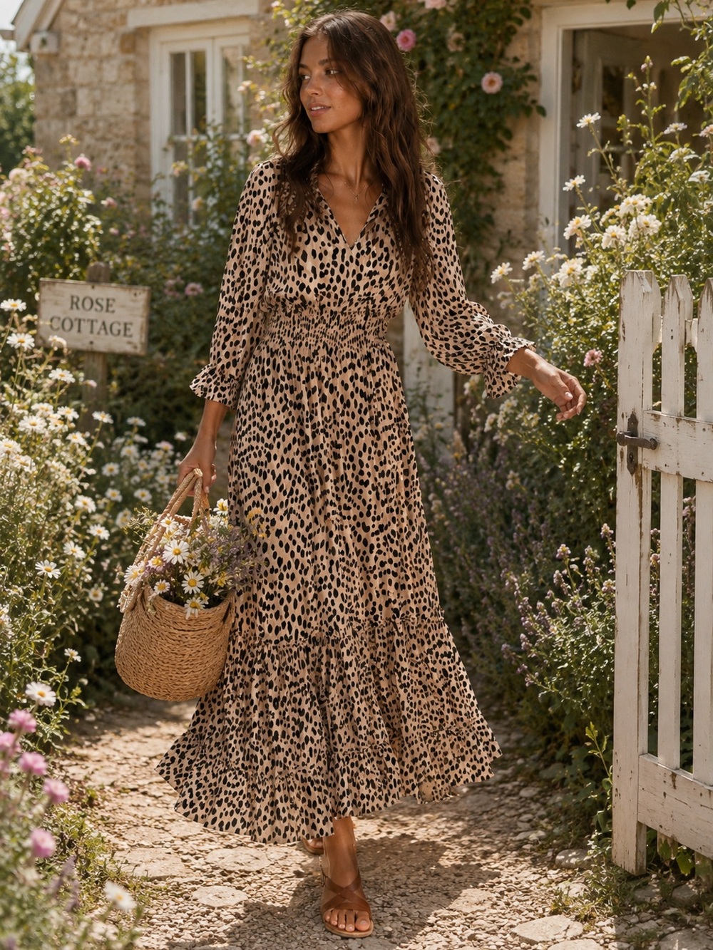 Vince Camuto Beige and Black Long Sleeve Animal Print Maxi Dress